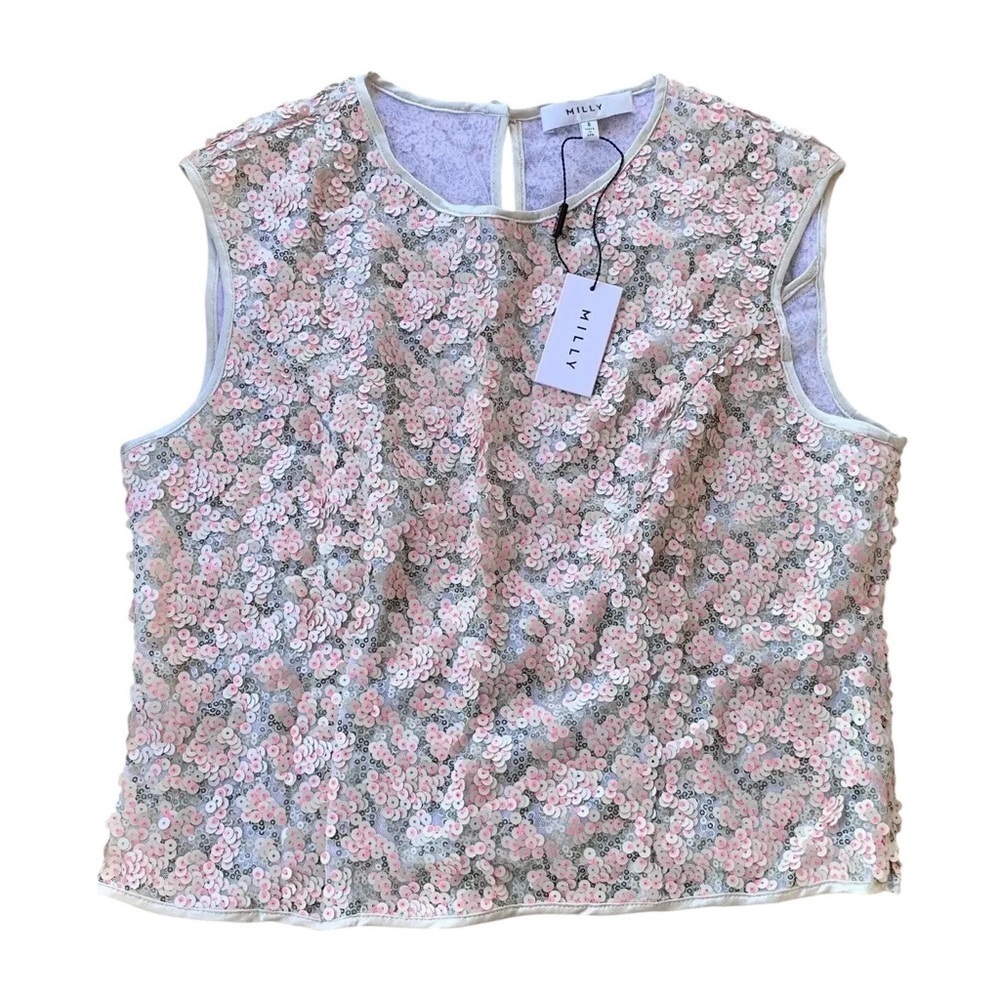 Milly Sequined Sleeveless Keyhole Formal Top Pink Silver Size 8